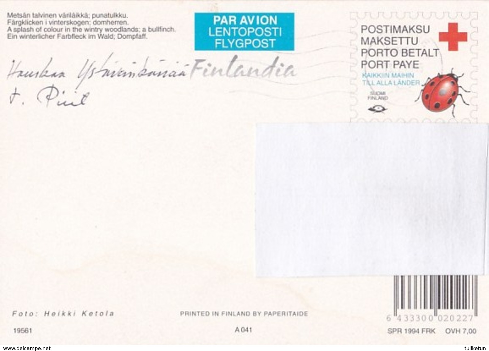 Postal Stationery - Bird - Bullfinch - Red Cross 1994 - Suomi Finland - Postage Paid - Finlandia - RARE - Entiers Postaux