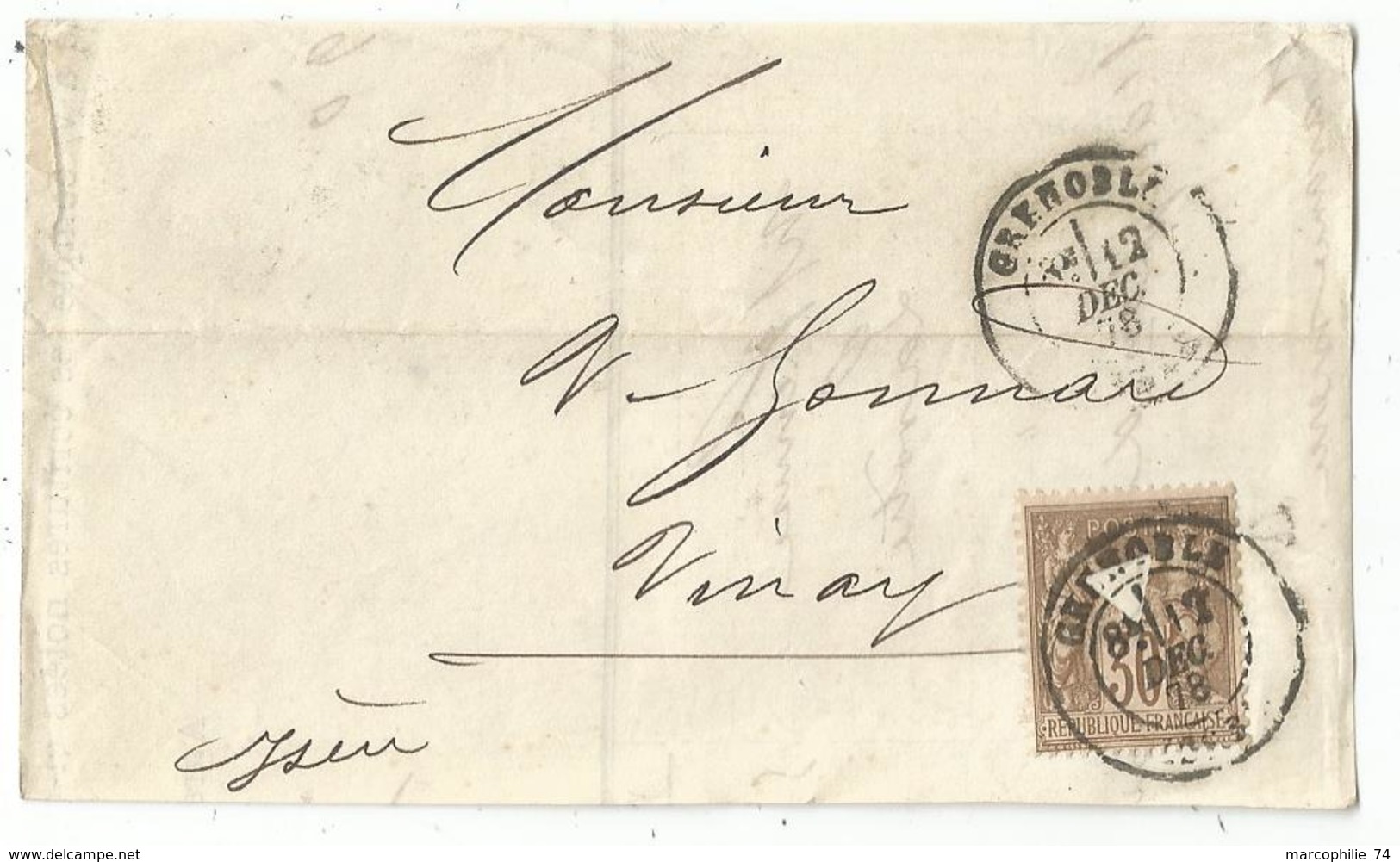 SAGE 30C BRUN PERFORE TRIANGLE DEVANT LETTRE GRENOBLE 12 DEC 1878 - Other & Unclassified