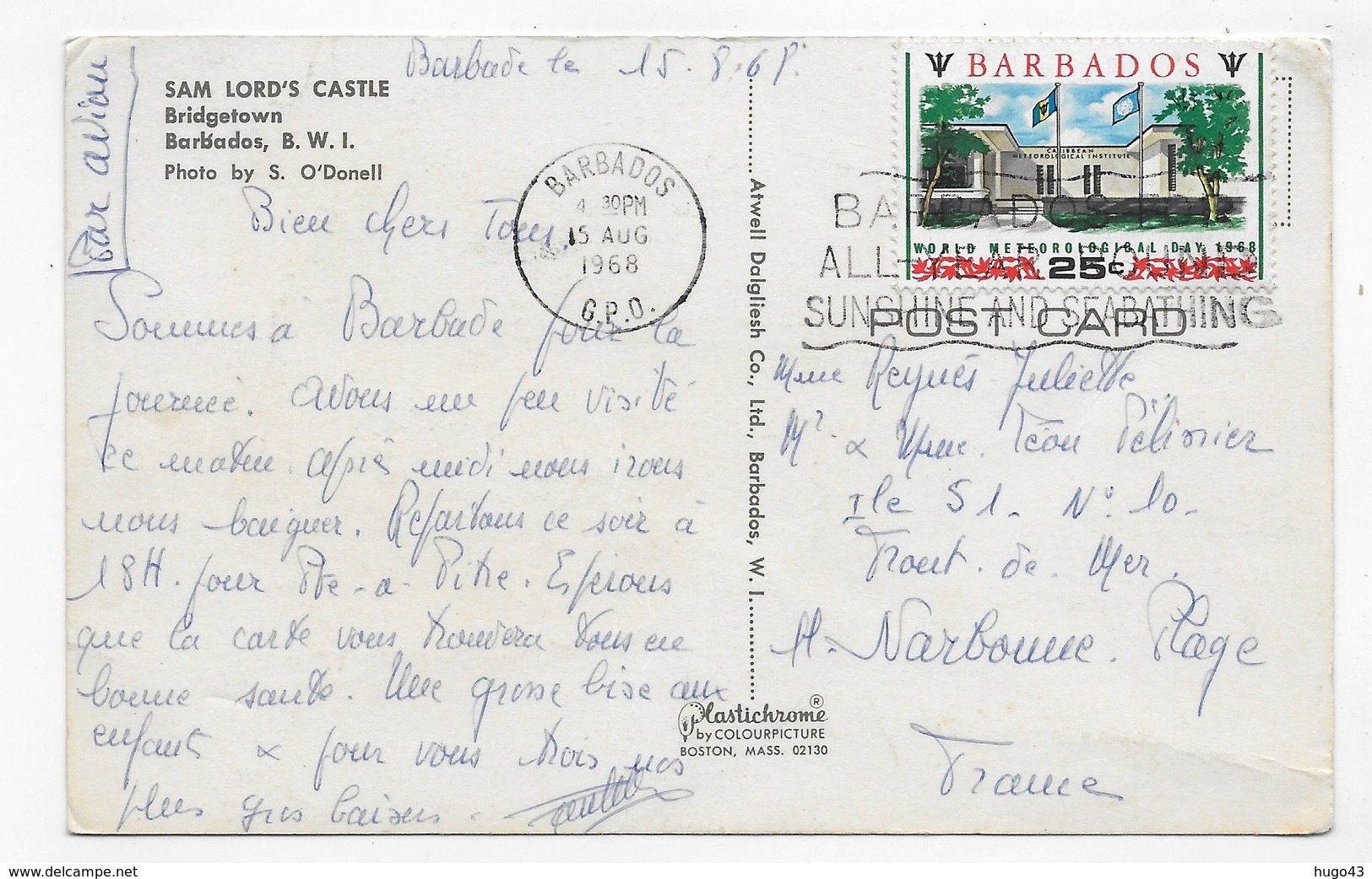 (RECTO / VERSO) BARBADOS EN 1968 - SAM LORD'S CASTLE - BEAU TIMBRE - FORMAT CPA VOYAGEE - Barbades