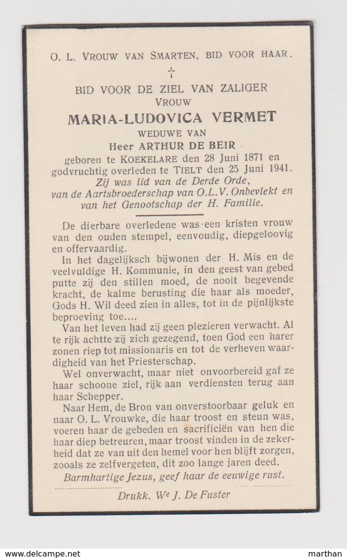 DOODSPRENTJE VERMET MARIA-LUDOVICA WEDUWE DE BEIR KOEKELARE TIELT (1871 - 1941) - Devotieprenten