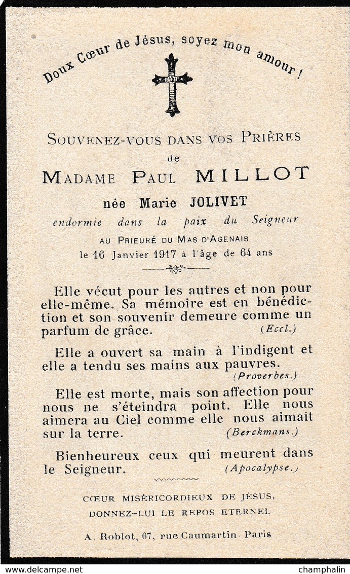 Faire-part De Décès - Mémento - Madame Paul Millot Née Marie Jolivet - Mas D'Agenais (47) - 16 Janvier 1917 - Obituary Notices