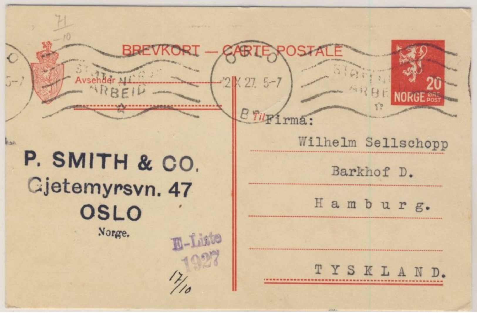 Norwegen - 20 Ö. Ganzsache Auslandskarte Oslo - Hamburg 1927 - Sonstige & Ohne Zuordnung