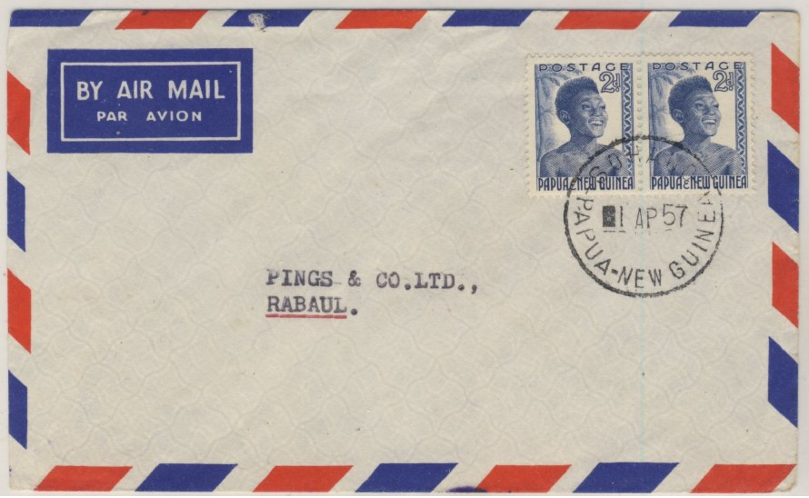 Papua New Guinea - 2x2 P. Freimarke Luftpostbrief Sohano - Rabaul 1957 - Papua-Neuguinea