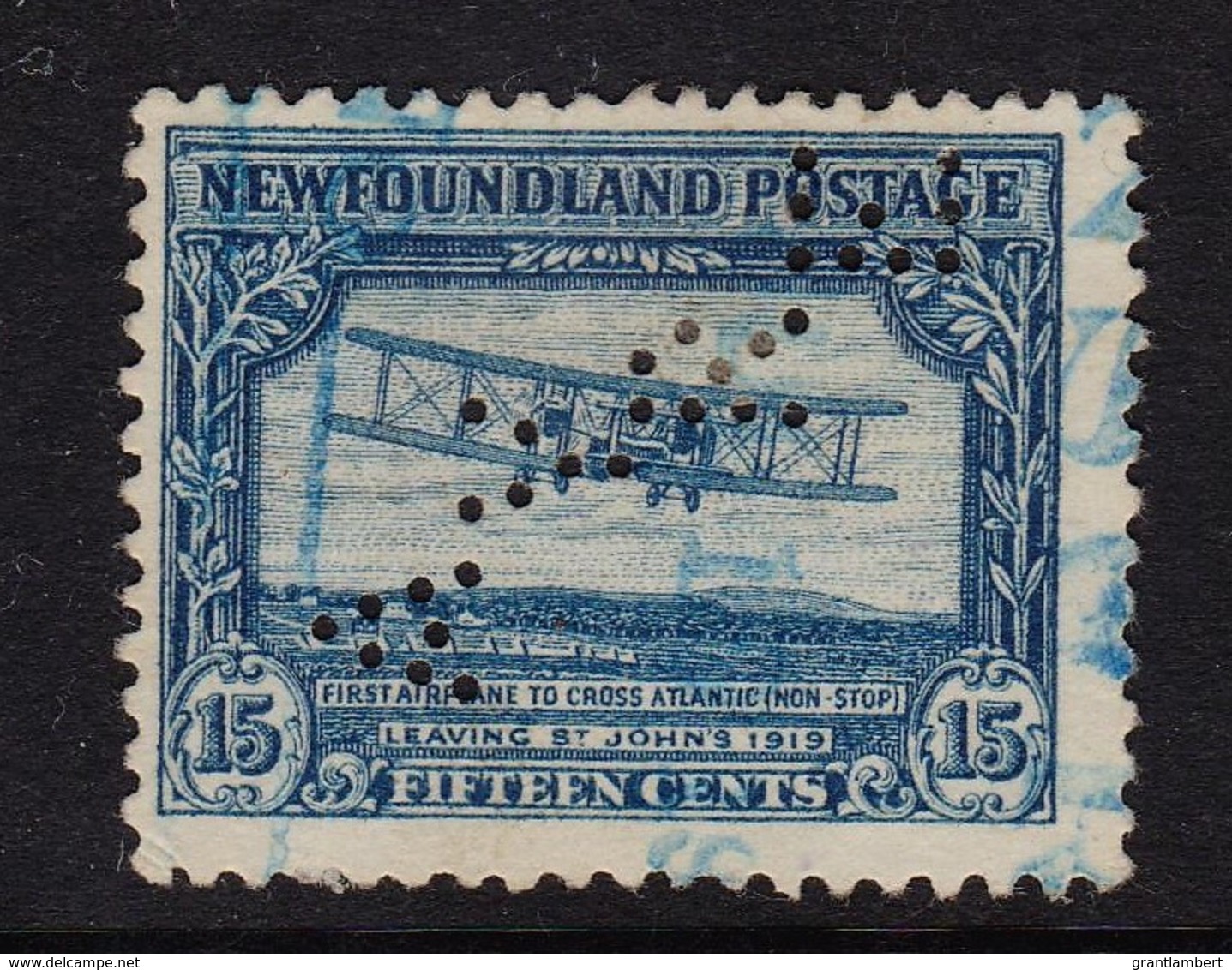 Newfoundland 1930 First Transatlantic Flight 15c Perfin Used Sc 170 SG 186 - 1908-1947