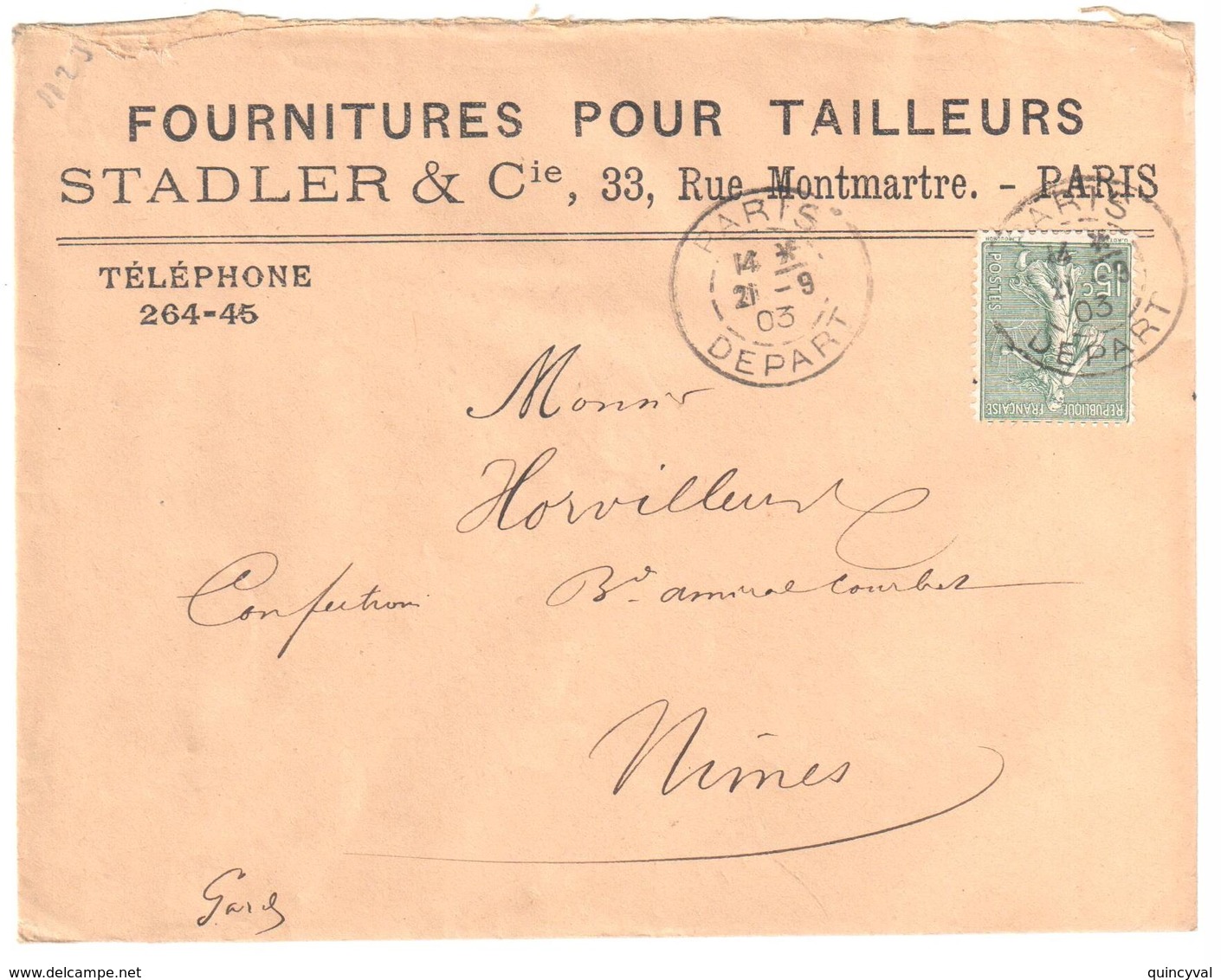 PARIS Lettre Entête FOURNITURES TAILLEURS STADLER & Cie 15c Semeuse Lignée Vert Yv 130 Ob 21 9 1903 - Covers & Documents