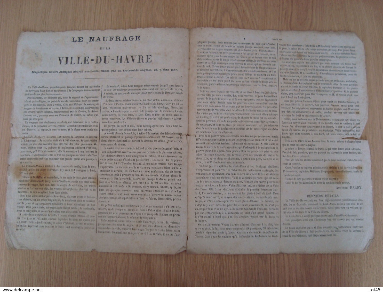 JOURNAL LE NAUFRAGE DE LA VILLE-DU-HAVRE MAISON AUBERT VALADIER - Documents Historiques