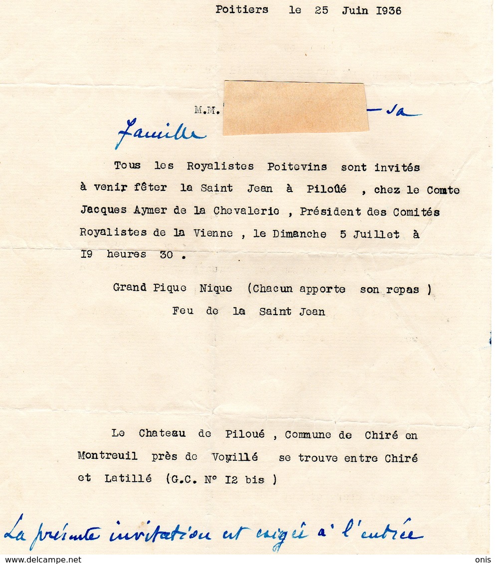 Chiré En Montreuil ;Chateau De Piloué ;Poitiers (86) : Royalistes Poitevins ;invitation Pour La St Jean ;1936 - Otros & Sin Clasificación