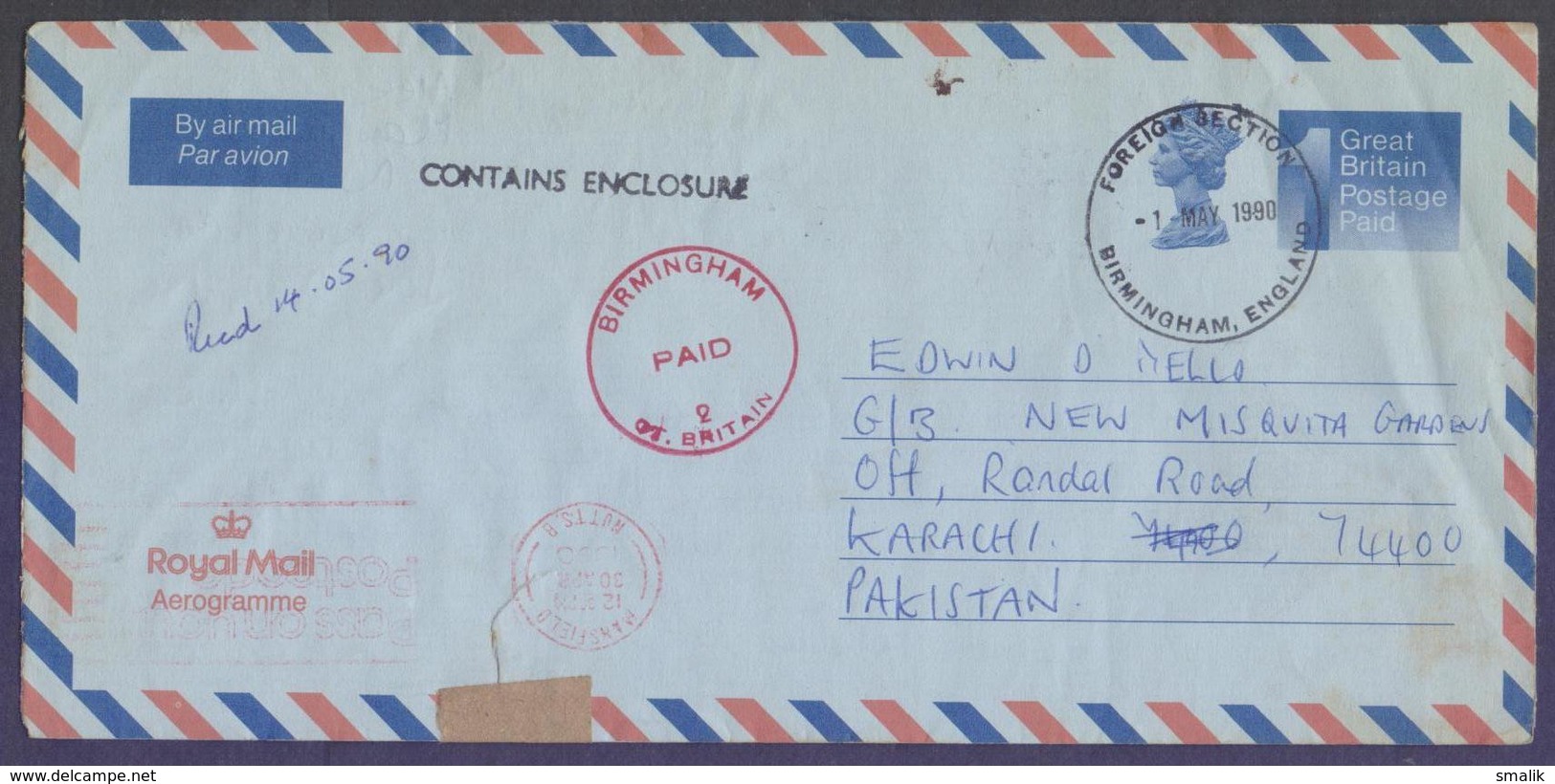 Great Britain UK GB, Postal History, Postage PAID Aerogramme Stationery Used 1.5.1990 FOREIGN SECTION BIRMINGHAM - Covers & Documents