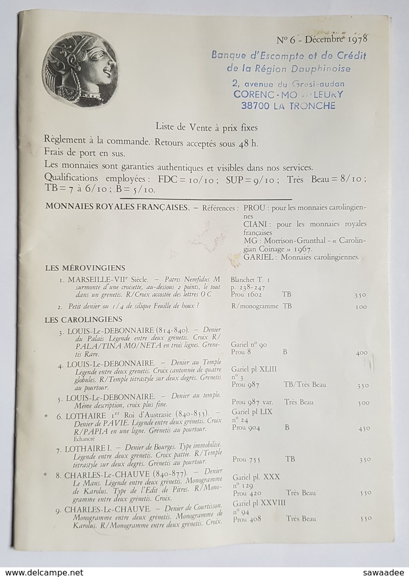 CATALOGUE VENTE - NUMISMATIQUE - BANQUE D'ESCOMPTE ET DE CREDIT - N°6 DECEMBRE 1978 - COTATIONS - Libri & Software