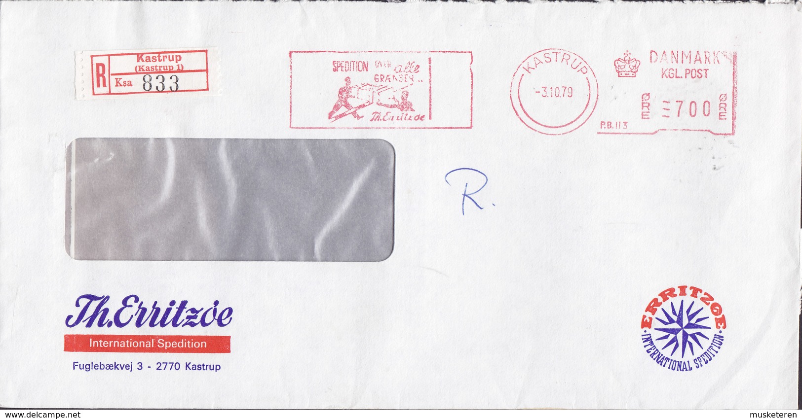 Denmark TH. ERRITZØE International Spedition Registered Einschreiben Label KASTRUP ATM (P.B. 113) 1979 Meter Cover - Macchine Per Obliterare (EMA)