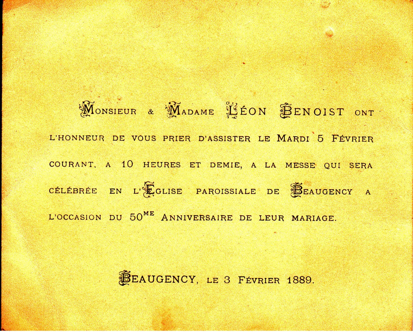 FRANCE - 1889 - Beaugency - Invitation Au 50è Anniversaire De Mariage - Mariage