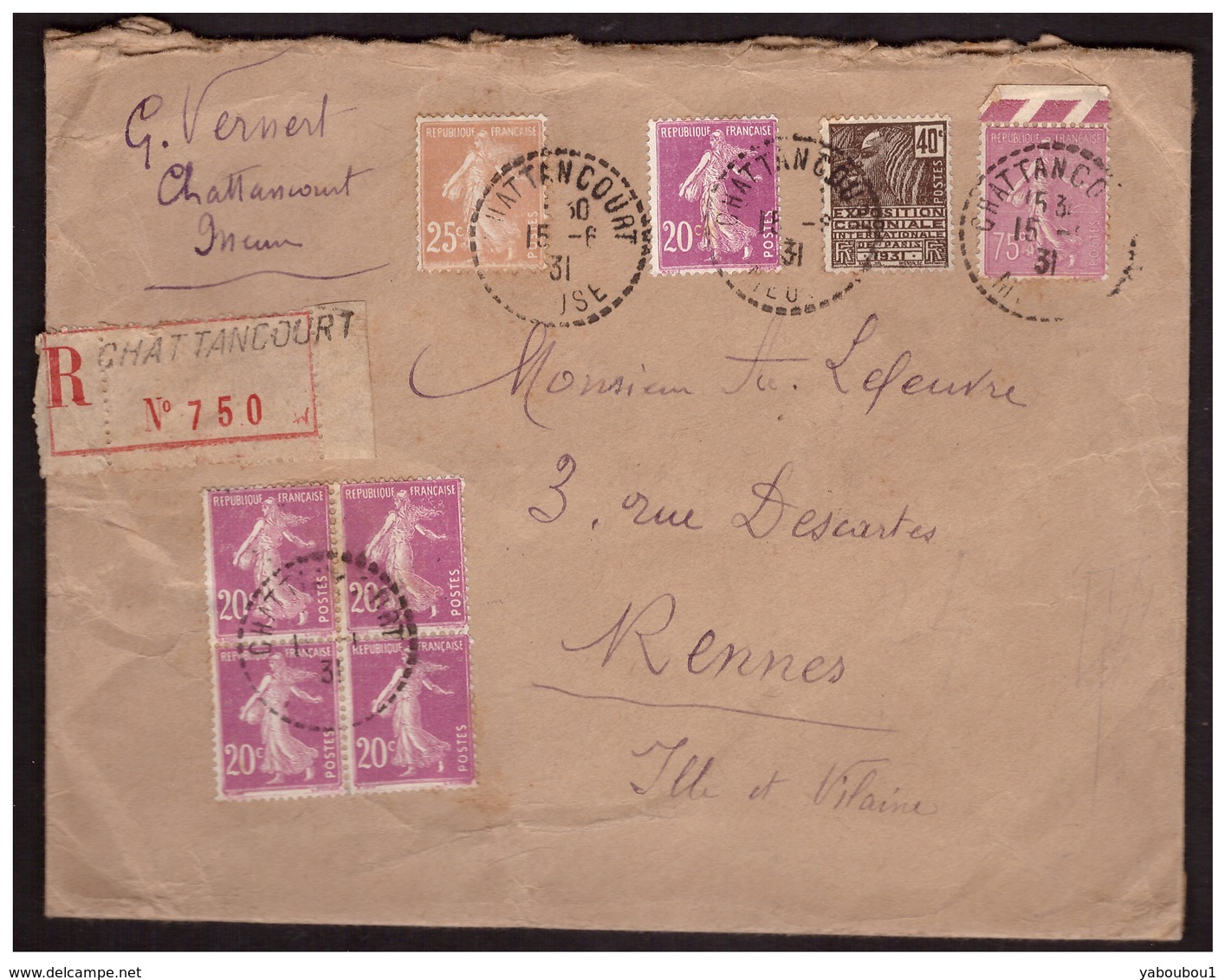 Semeuse N° 190 Bloc De 4 + 4 Timbres Sur Lettre Rec De CHATTANCOURT Pour RENNES Du 15.6.31. - Lettres & Documents