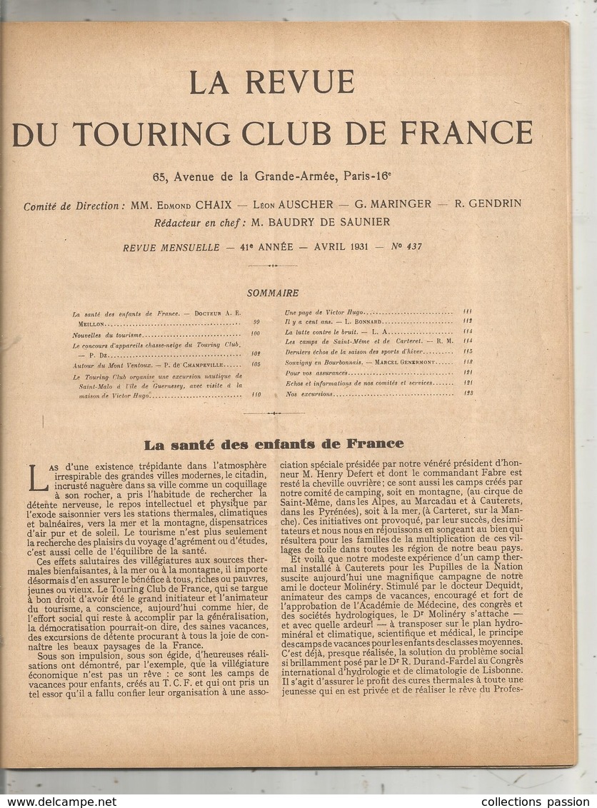 La Revue Du TOURING CLUB DE FRANCE ,n° 437,1931, Chasse Neige,,mont Ventoux, Saint Malo... ,frais Fr 4.55 E - Tourisme