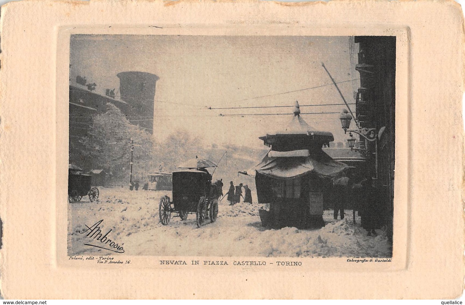 1016 "TORINO - NEVATA IN PIAZZA CASTELLO" ANIMATA, SPALATORI, FOTOGRAFO AMBROSIO.  CART  NON SPED - Orte & Plätze