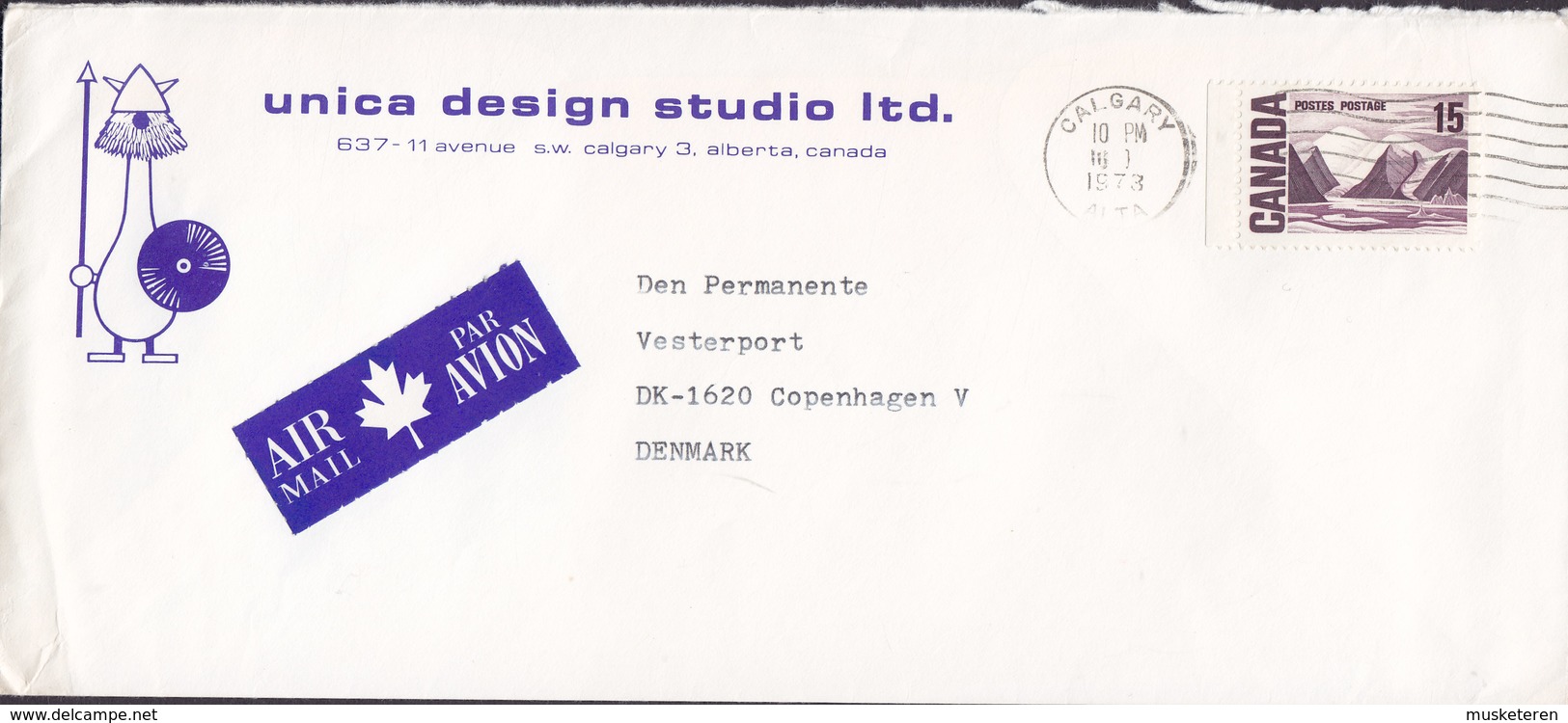 Canada AIR MAIL PAR AVION Label UNICA DESIGN STUDIO Ltd, CALGARY Alta. 1973 Cover Brief Viking Wiking Cachet - Briefe U. Dokumente