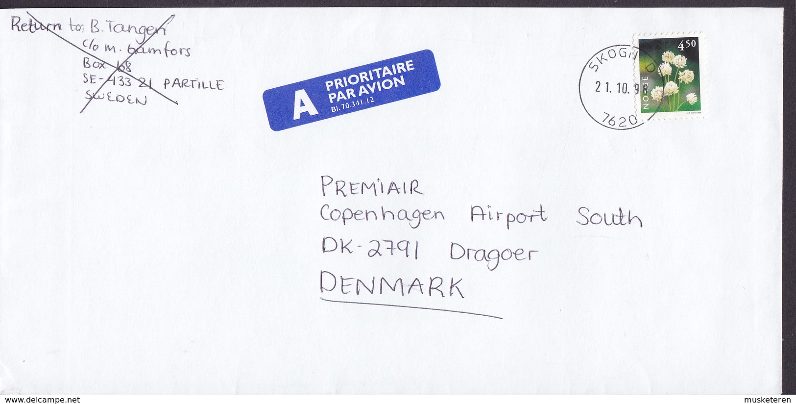 Norway A-Prioritaire Par Avion Label Deluxe SKOGN 1998 Cover Brief DRAGOER Denmark Flower Blume - Briefe U. Dokumente