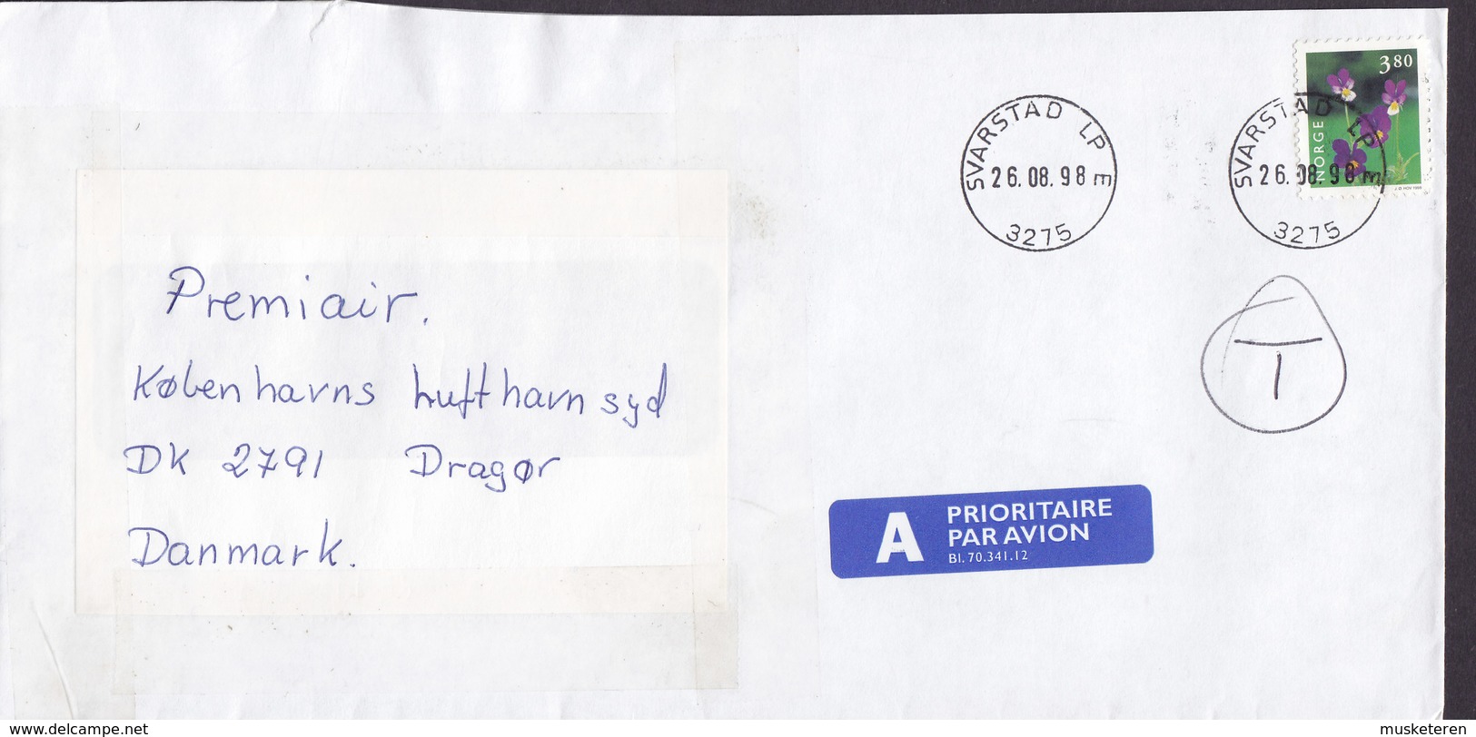 Norway A-Prioritaire Par Avion Label Deluxe SVATSTAD 1998 Cover Brief DRAGOER Denmark Flower Blume T- (Pen) Marking - Briefe U. Dokumente