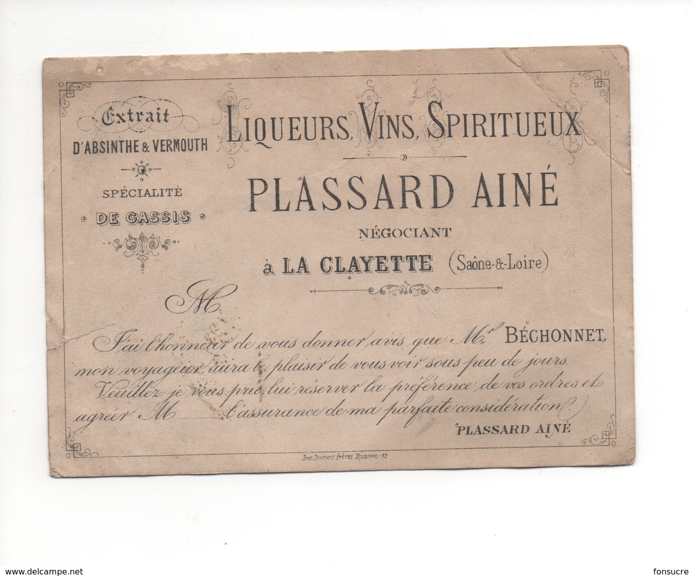 P115 Carte Visite Avis De Passage PLASSARD Ainé Liqueur Vin Spiritueux Absinthe Vermouth Cassis Négociant à La Clayette - 1800 – 1899