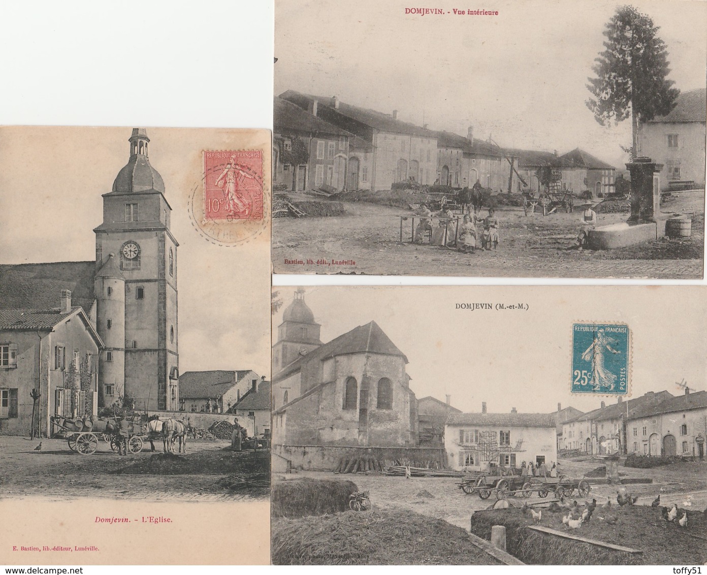 3 CPA:DOMJEVIN (54) ATTELAGE TONNEAUX ÉGLISE,FEMMES FONTAINE,VUE..ÉCRITES - Autres & Non Classés