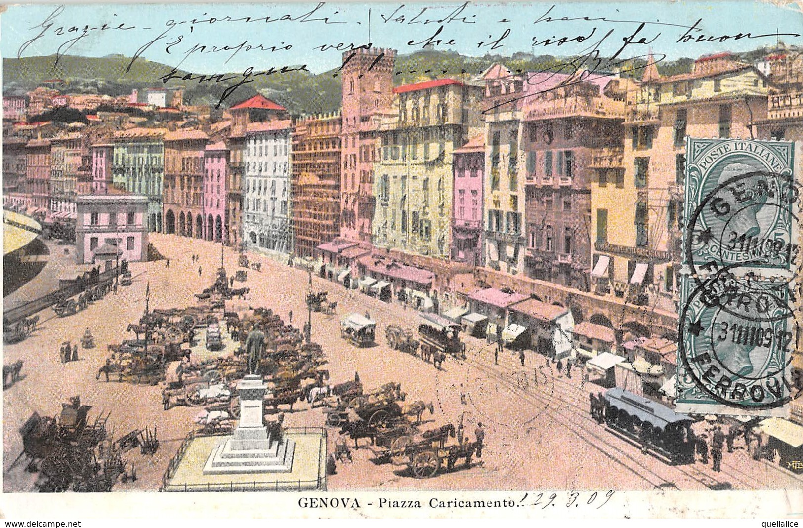 1029  "GENOVA - PIAZZA CARICAMNETO" ANIMATA, CARROZZE, TRAMWAY A CAVALLI.  CART  SPED 1909 - Genova (Genoa)