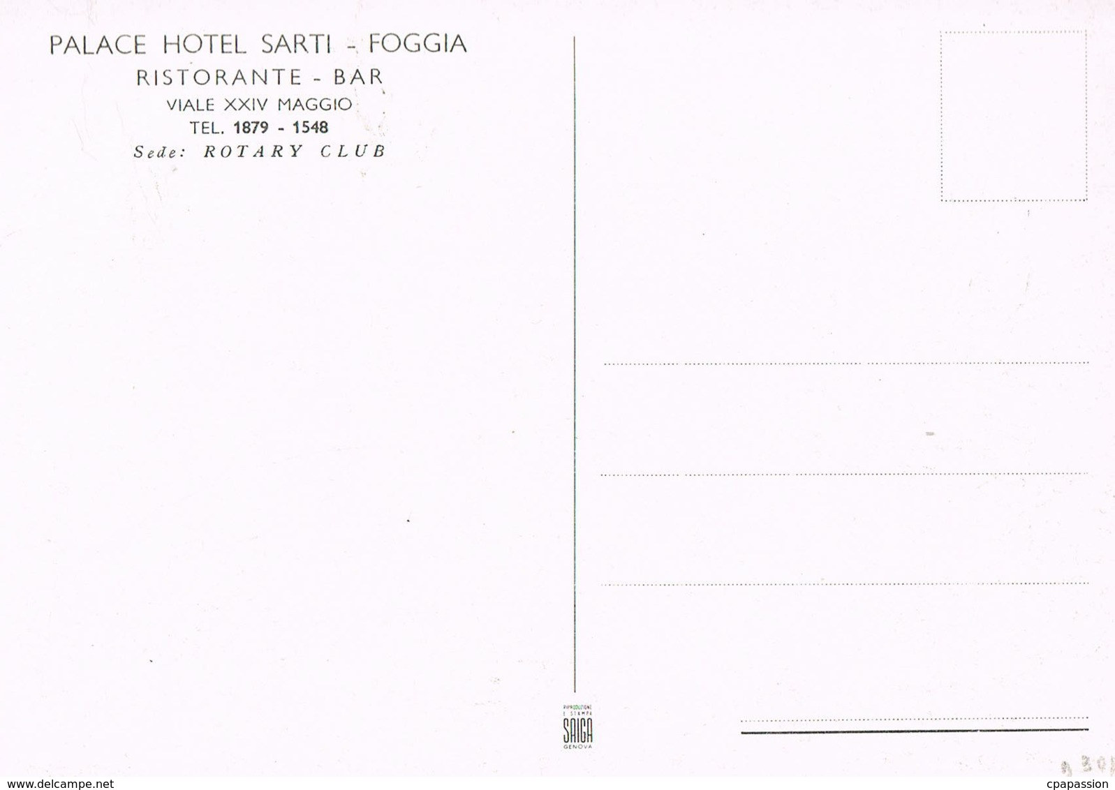 Foggia -Puglia- Palace Hotel Sarti- Sede Rotary Club - - Recto Verso-Paypal Free - Foggia