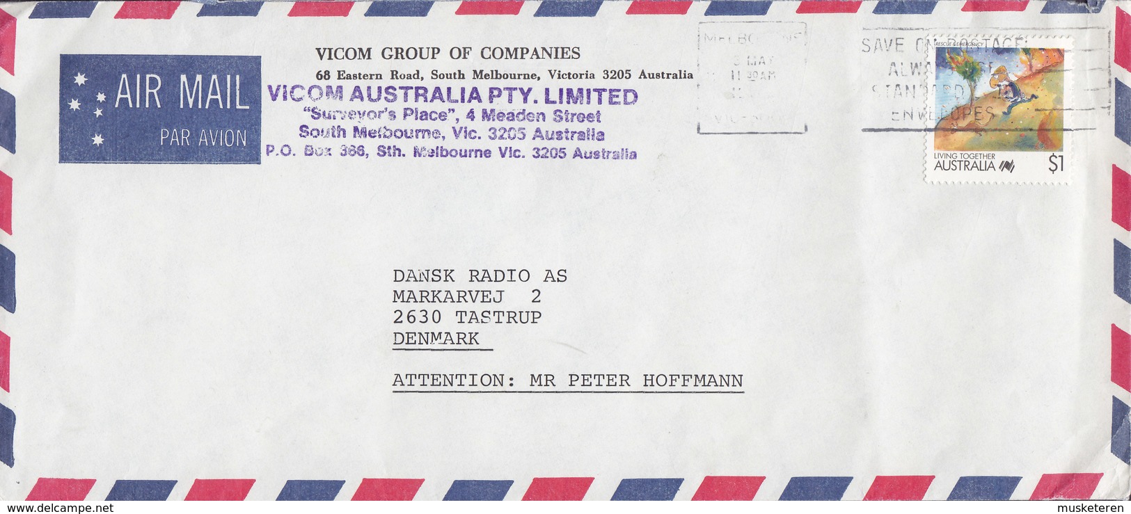 Australia AIR MAIL Par Avion VICOM GROUP , MELBOURNE VIC. 1988? Cover Brief TAASTRUP Denmark 1$ Living Together - Briefe U. Dokumente