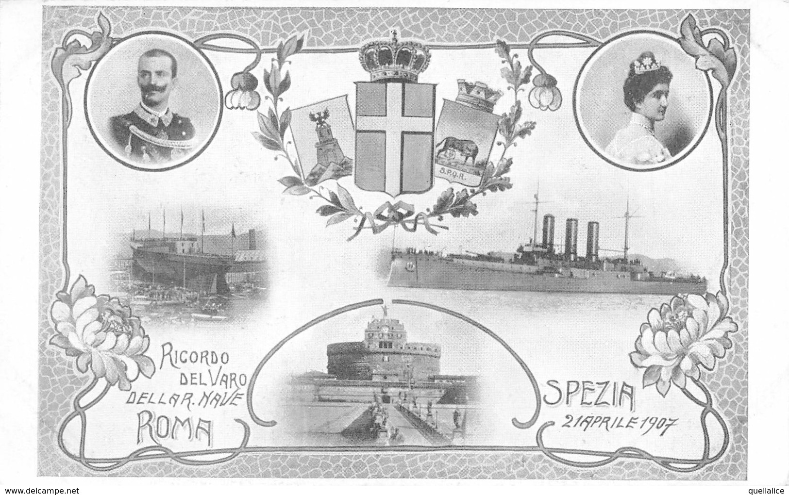 1053  "SPEZIA - RICORDO DEL VARO DELLA R. NAVE ROMA - ARTIGLIERIA - 1907" ANIMATA, REALI.  CART  NON SPED - Inwijdingen