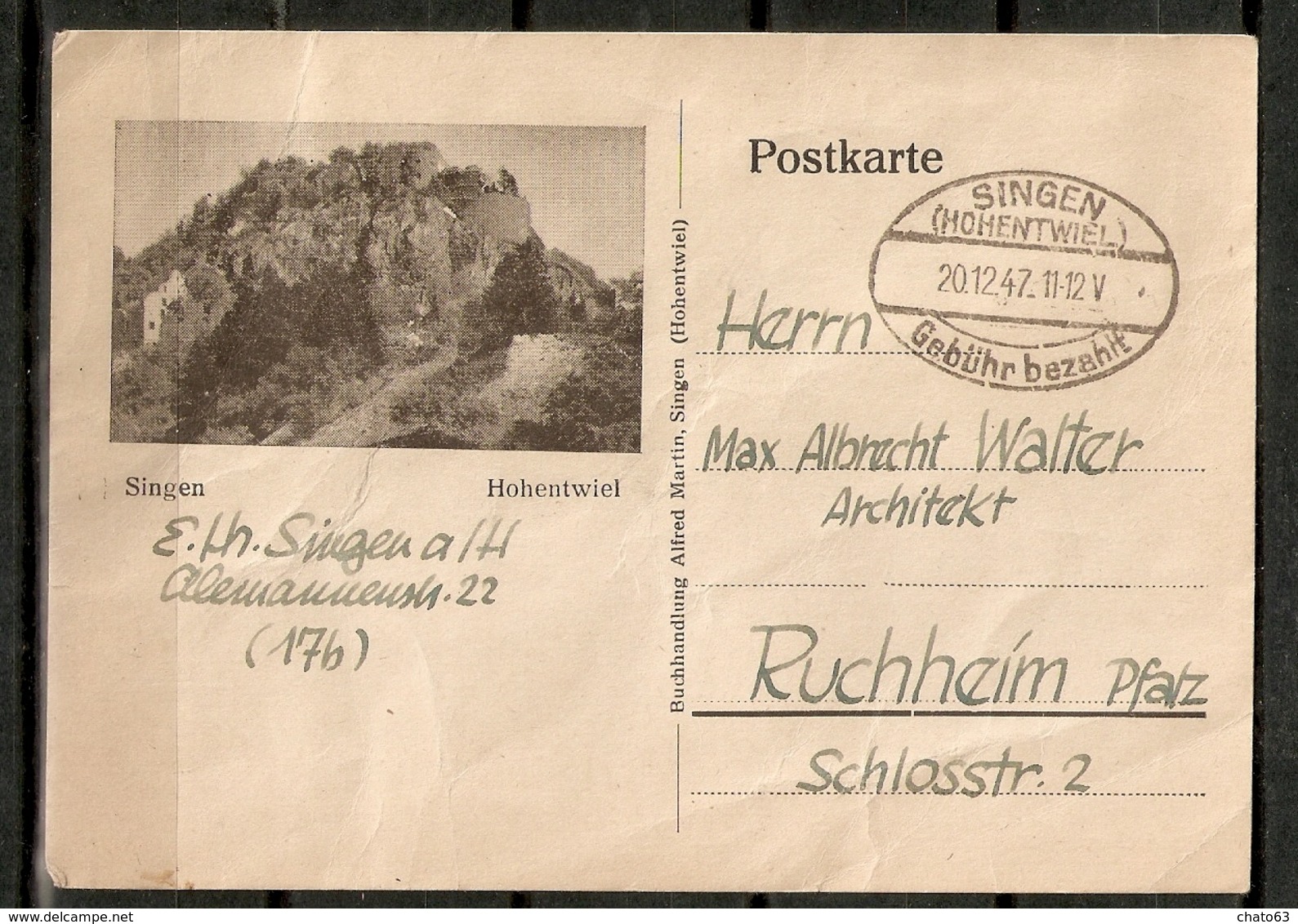 ZONA ANGLO-AMERICANA - 1947 - POSTKARTE De SINGEN (HOHENTWIEL) - Other & Unclassified