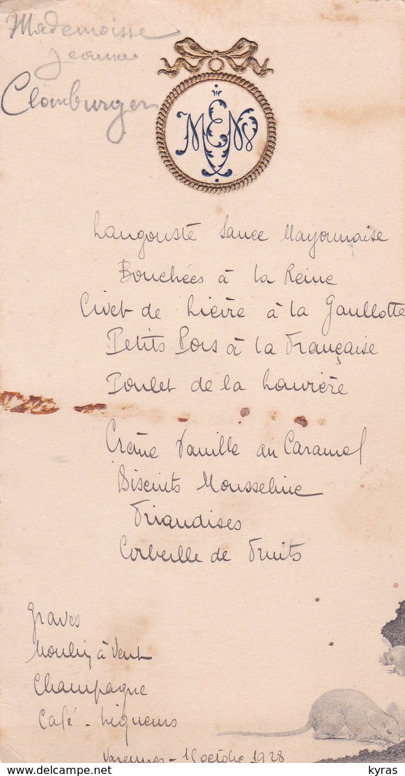 MENU 9X16 Cm . VARENNES 1928 . (Melle Jeanne Clomburger ) +Illustr : Couple De Souris Dévorant L'angle Bas Droit Du Menu - Menus