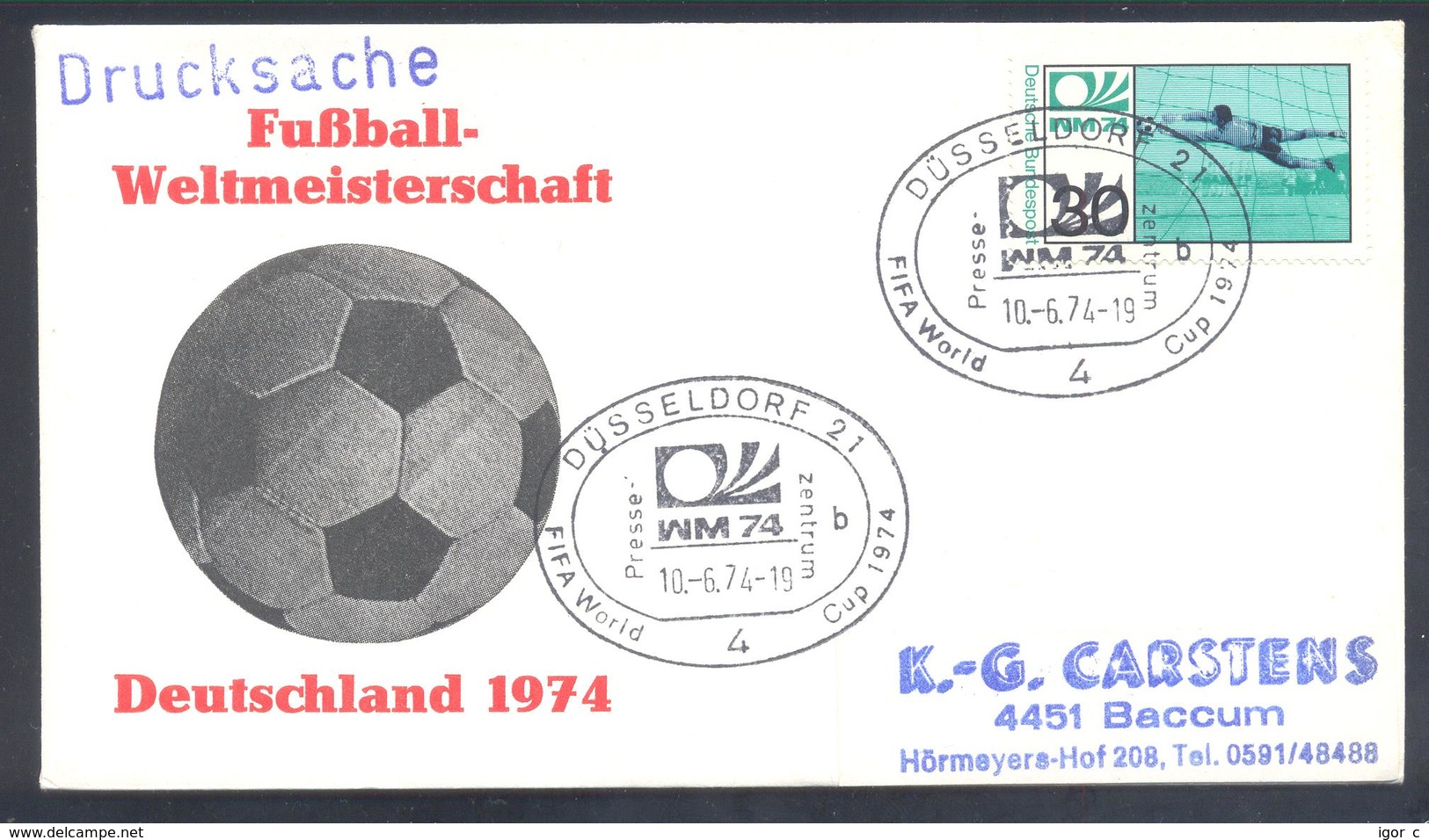 Germany 1974 Cover: Football Fussball Soccer Calcio: FIFA World Cup; Düsseldorf Press Cancellation - 1974 – Westdeutschland