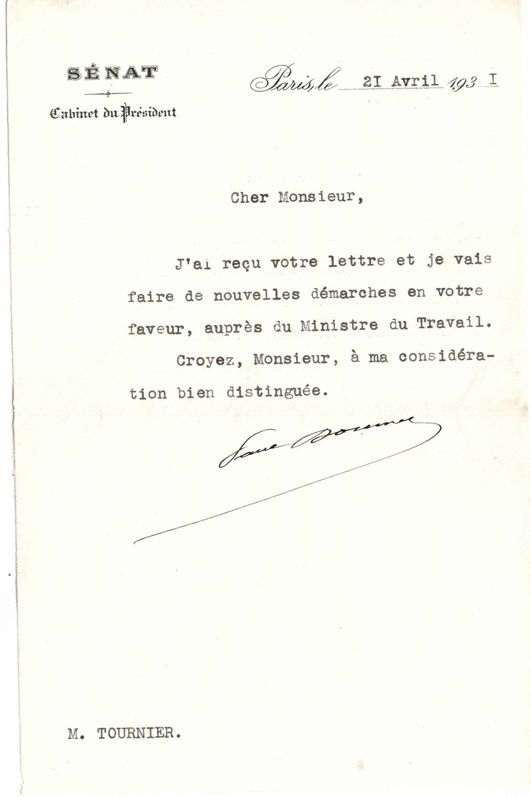 Paul DOUMER  Lettre Tapus Du 21 Avril 1931 Adressée à Mr TOURNIER - Autres & Non Classés