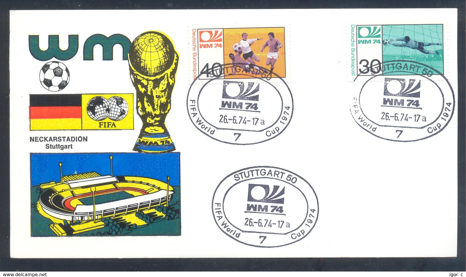 Germany 1974 Card: Football Fussball Soccer Calcio: FIFA World Cup; Stuttgart Cancellation; Neckarstadion - 1974 – West Germany