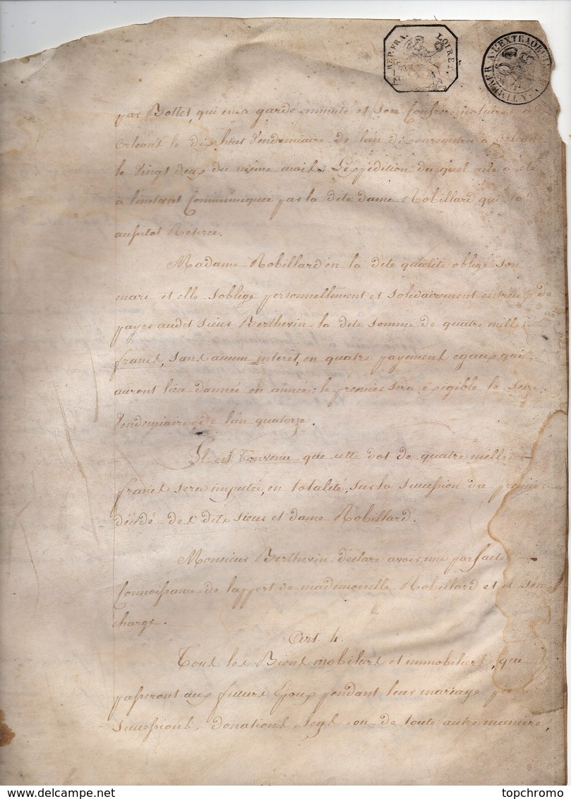Manuscrit Partie D'Acte Notarié Notaire Porcher Vingt Vendémiaire An 13 1804 Cachet Robillard Berthevin Orléans 4 Pages - Manuscrits