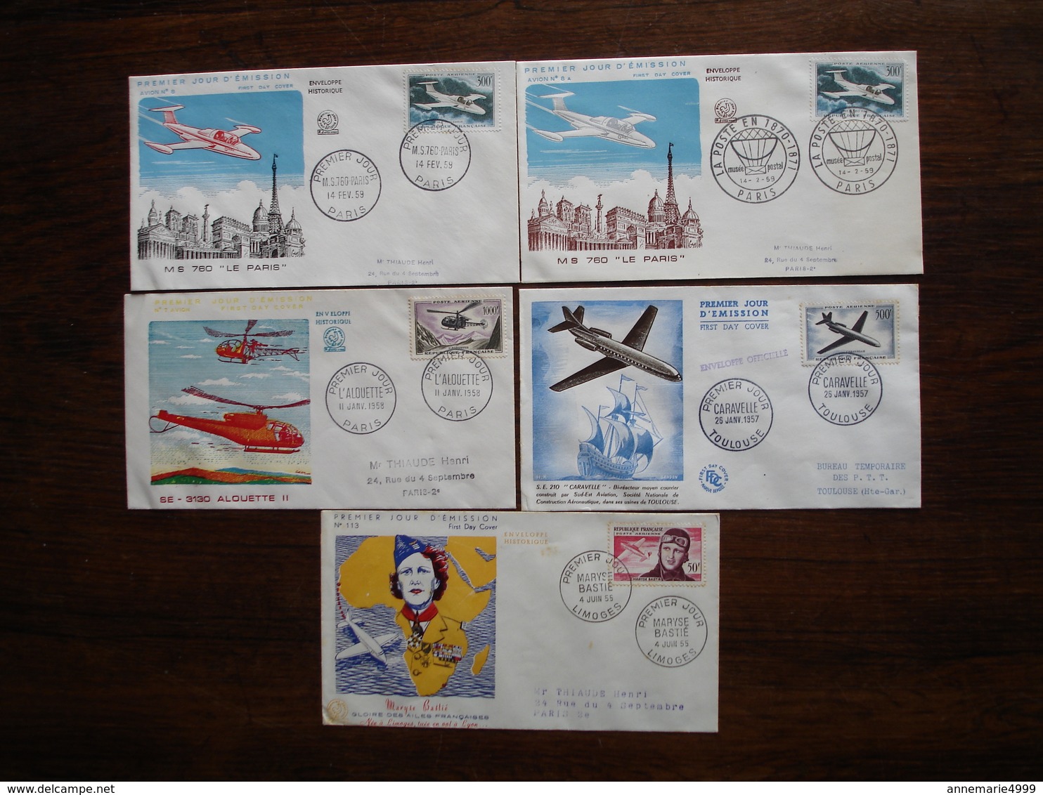 FRANCE Premiers Jours Poste Aérienne Alouette, Caravelle, Bastié Et MS 760 Cote 370 - 1950-1959