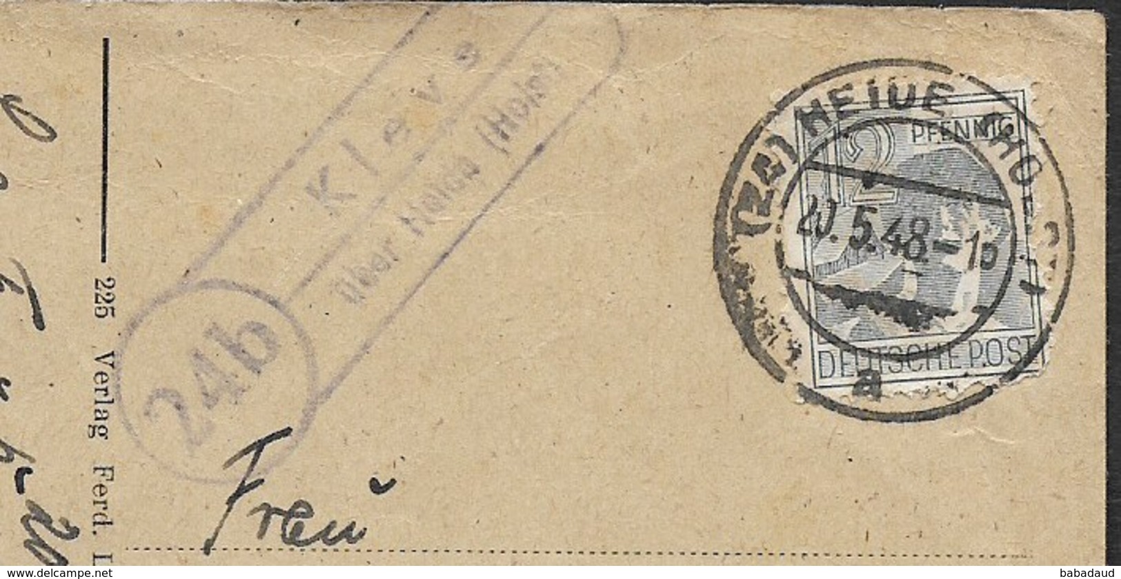 PPC Heidi, Domestic   Used, 12pf, HIEDE (HOLST) 20.V.48, C.d.s. + Cachet " 24b Kleve / Ober Heidi (Holst)" - Heide