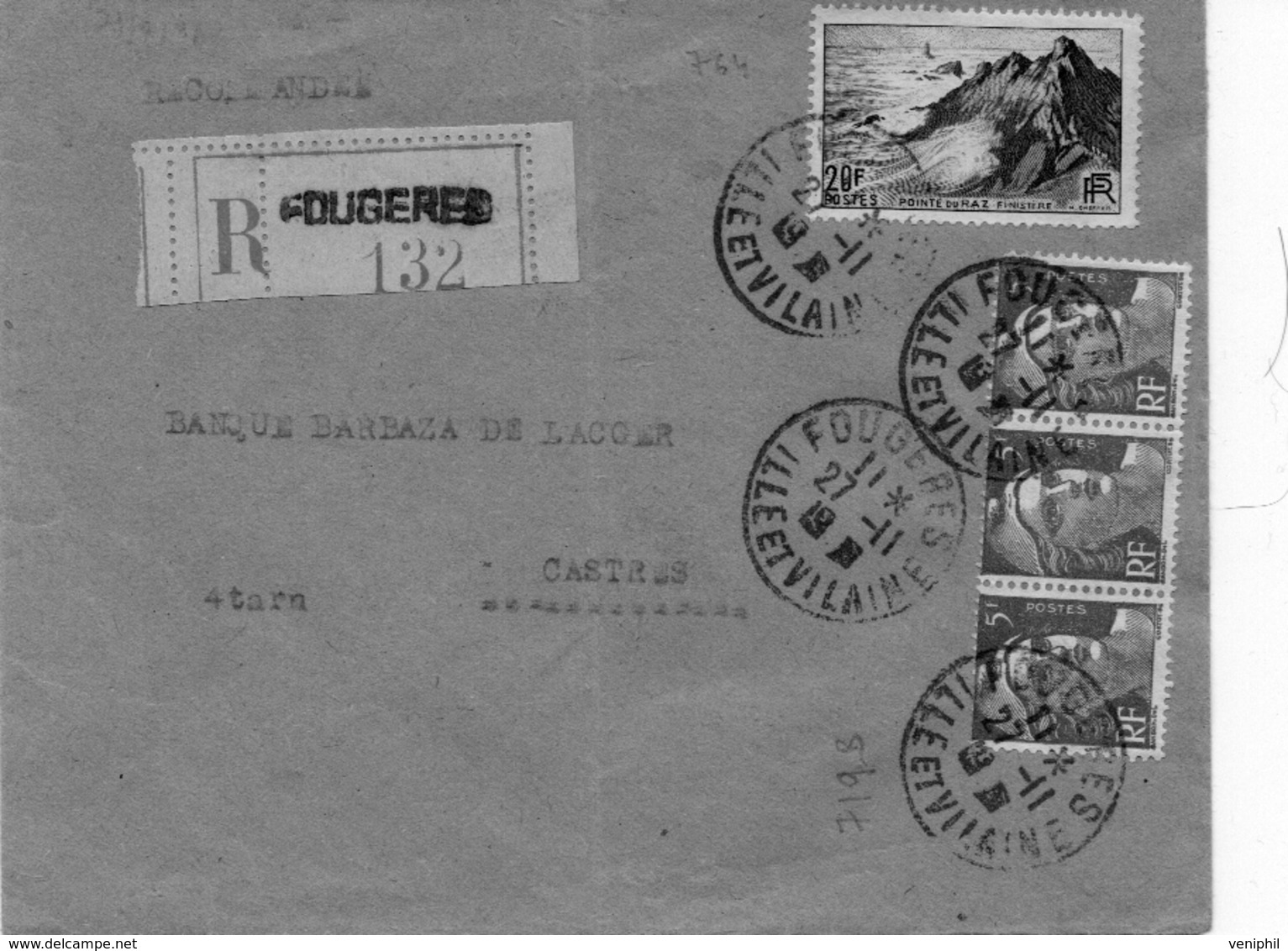 LETTRE AFFRANCHIE N°719B BANDE DE 3 +N°764- OBLITERE -CAD  FOUGERES -ILEET VILAINE-1946 - 1921-1960: Période Moderne