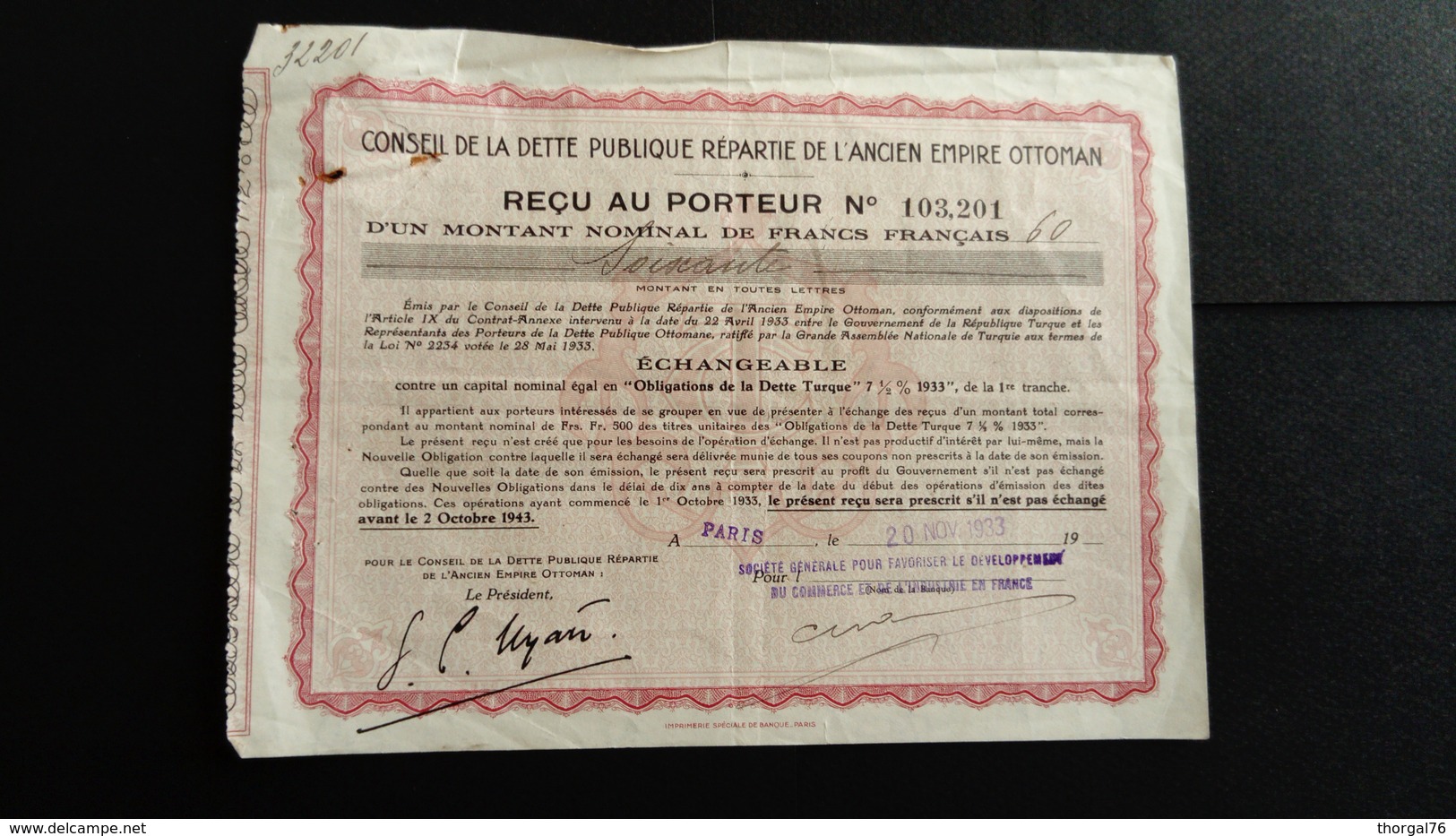 BONS REPRESENTATIFS DES ANNUITES ARRIERES DE LA DETTE PUBLIQUE OTTOMANE SERIE " C" 1928 - Non Classés