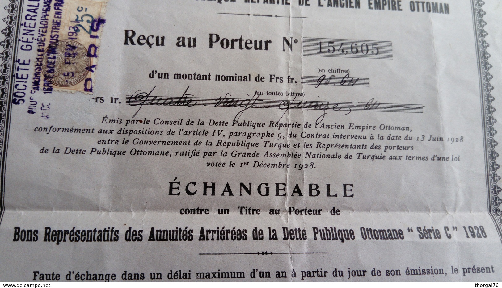 BONS REPRESENTATIFS DES ANNUITES ARRIERES DE LA DETTE PUBLIQUE OTTOMANE SERIE " C" 1928