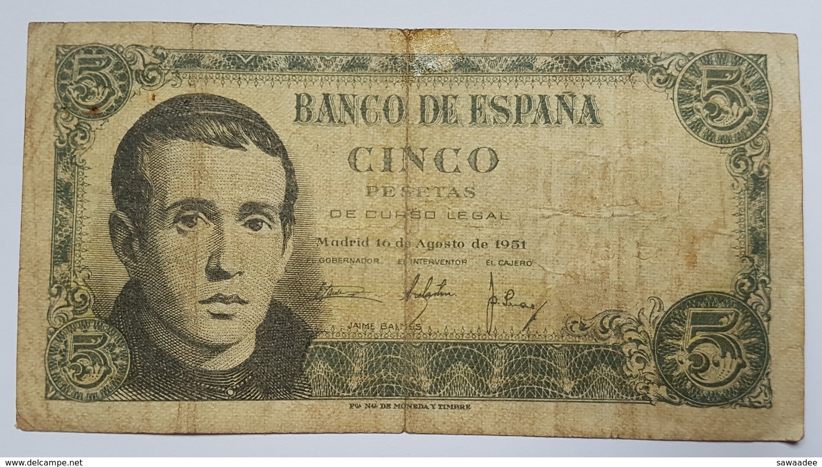 BILLET ESPAGNE - REGENCE DE FRANCO - P.140 - 16/08/51 -  JAIME BALMES - 5 PESETAS - 5 Pesetas