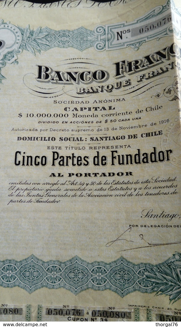 BANQUE FRANCAISE DU CHILI 1917 BONS AU PORTEUR - Unclassified