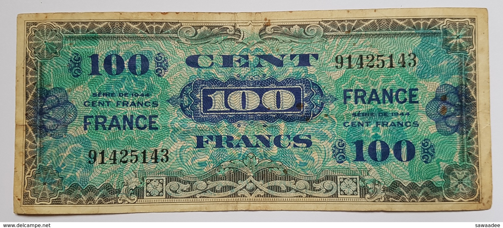 BILLET FRANCE - P.118a - 100 FRANCS - SERIE DE 1944 - BILLET MILITAIRE ALLLIE SECONDE GUERRE MONDIALE - 1944 Bandiera/Francia