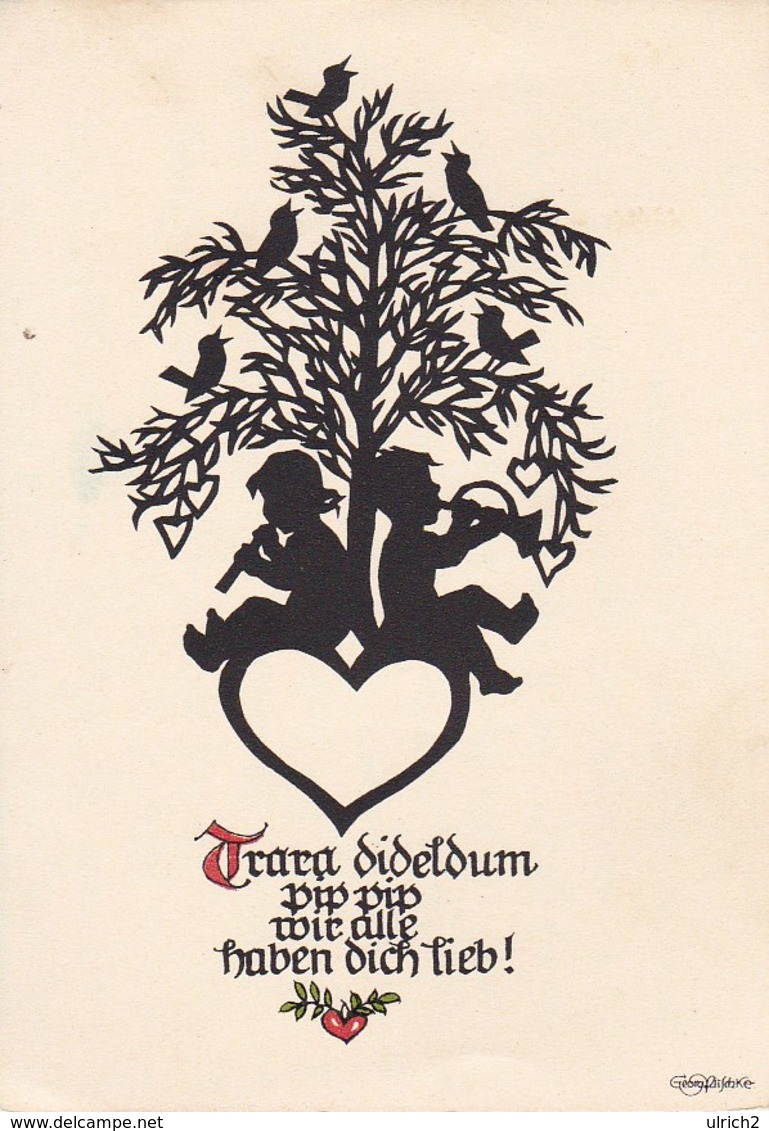 AK Kinder Unter Baum Mit Vögeln Und Musikinstrumenten - Herz - Trara... - Scherenschnitt - 1954 (40557) - Scherenschnitt - Silhouette