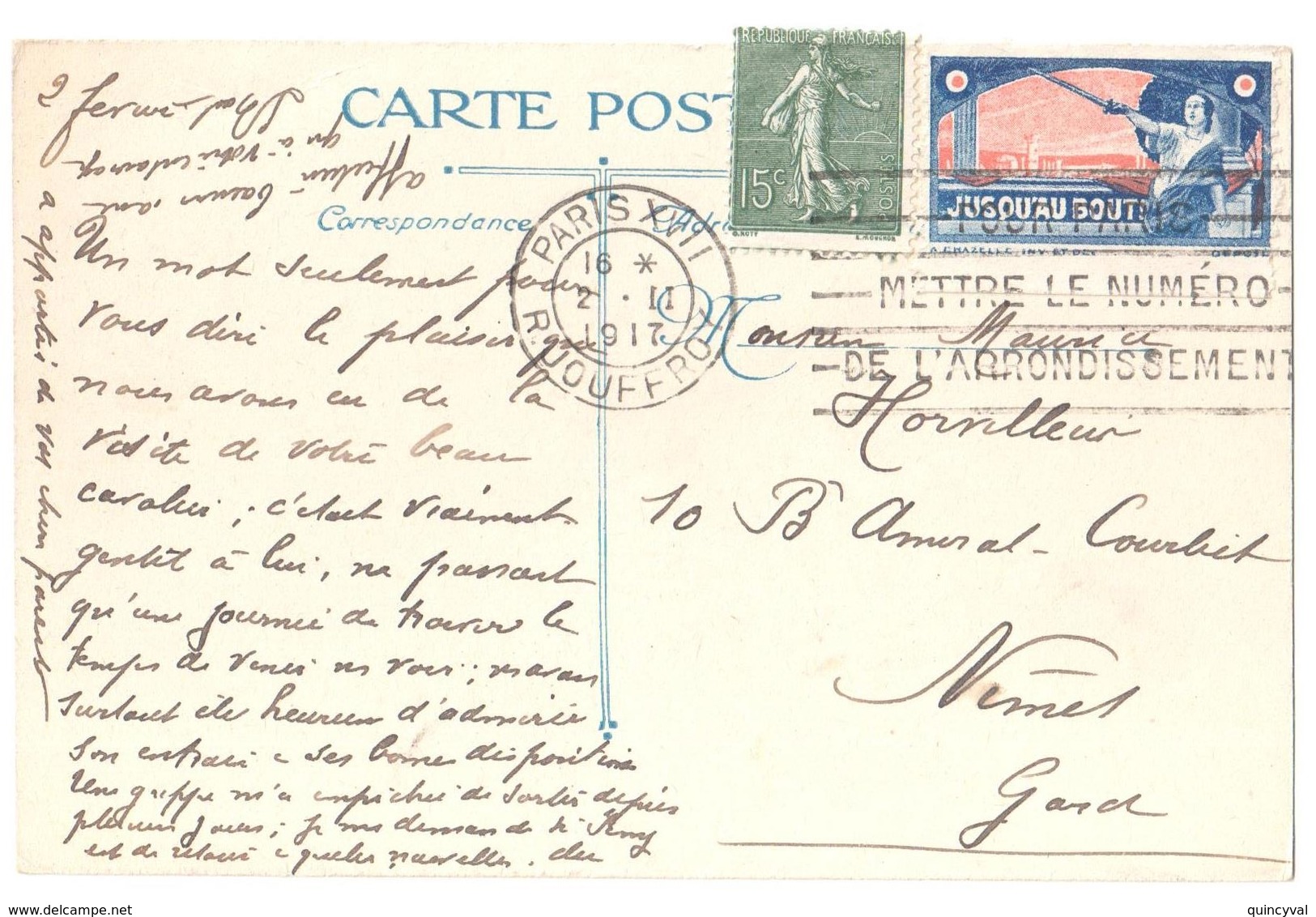 PARIS XVII Carte Postale 15c Semeuse Lignée Yv130 Ob 2 2 1917 Etiquette JUSQU'AU BOUT Edit Chazelle Guerre 1914 - Vignettes Militaires