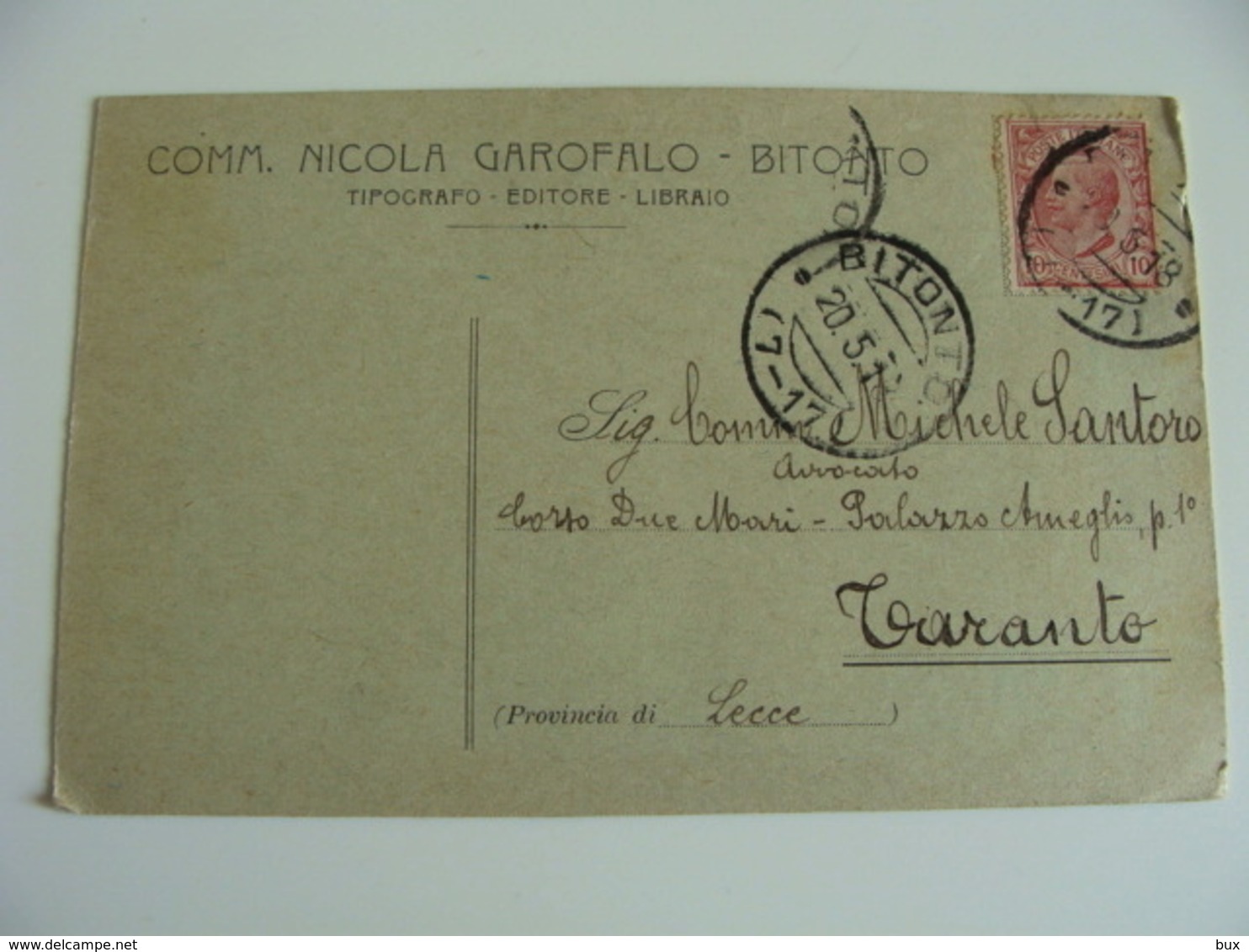 1918  COMM.  GAROFALO  BITONTO  BARI  TIPOGRAFO  MESTIERE    VIAGGIATA    FORMATO  PICCOLO - Artigianato