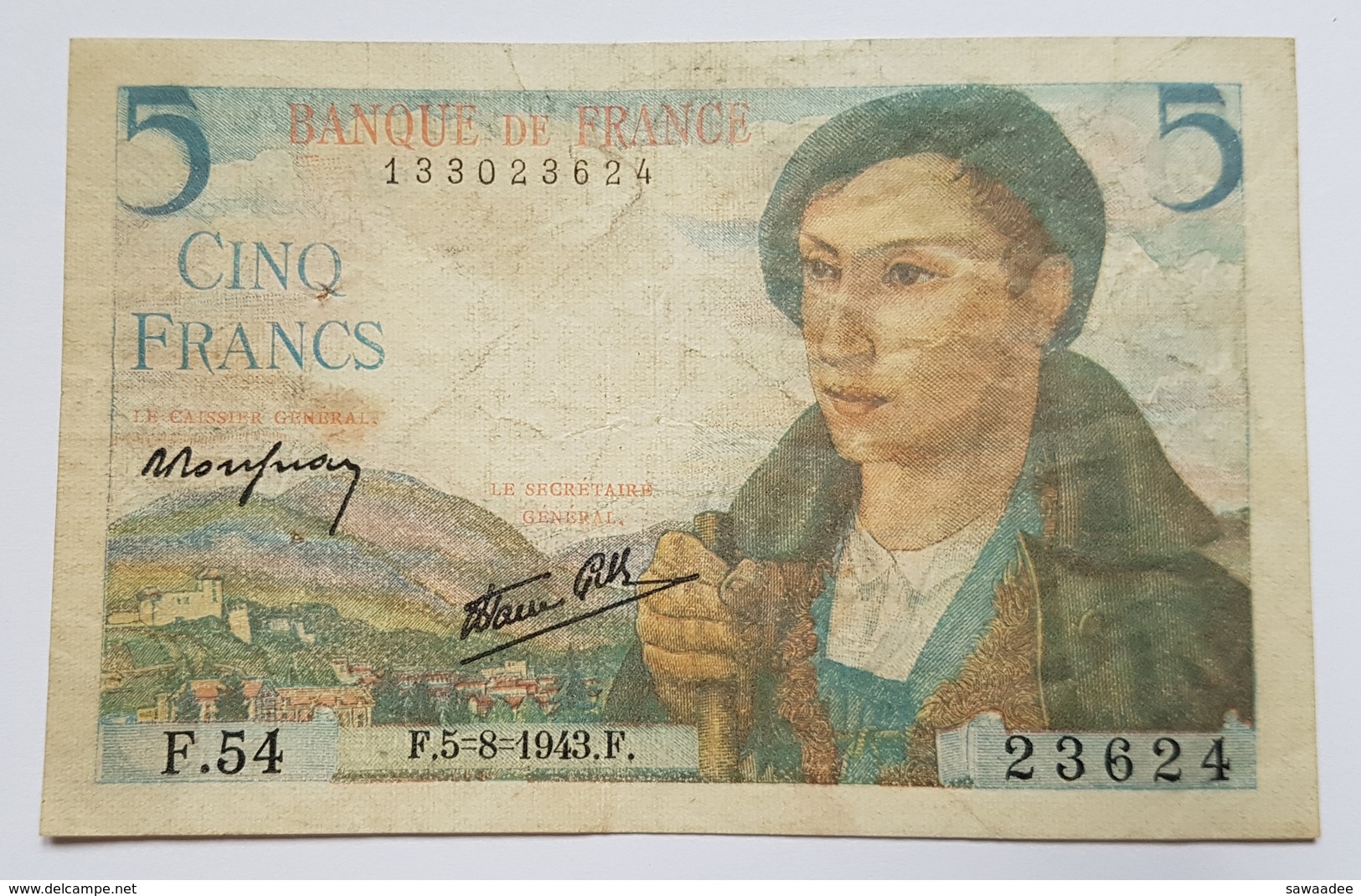 BILLET - FRANCE - P.98a - 5 FRANCS - 05/08/1943 - BERGER PYRENEEN - ARLESIENNE - 5 F 1943-1947 ''Berger''