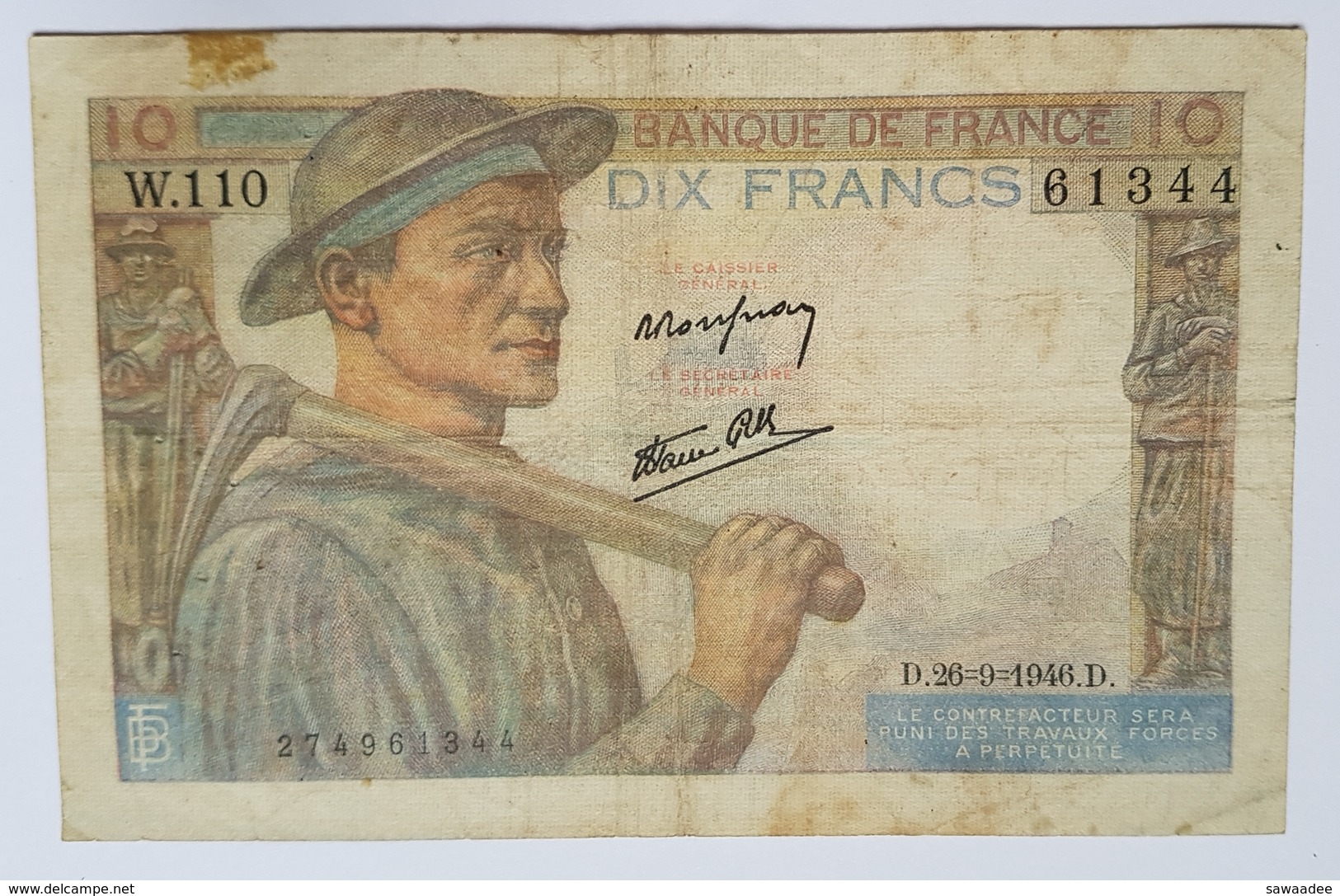 BILLET FRANCE - P.99f - 10 FRANCS - MINEUR - 26/09/1946 - 10 F 1941-1949 ''Mineur''