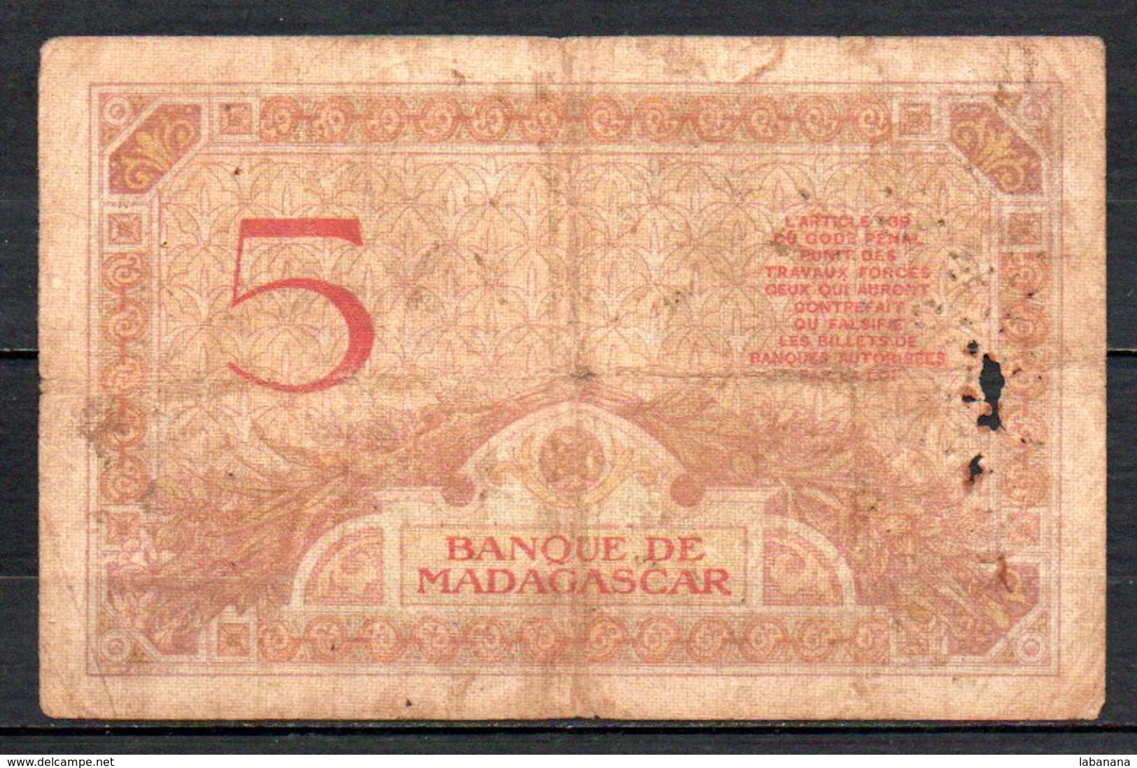 329-Madagascar Billet De 5 Francs 1937 E1176 - Madagascar