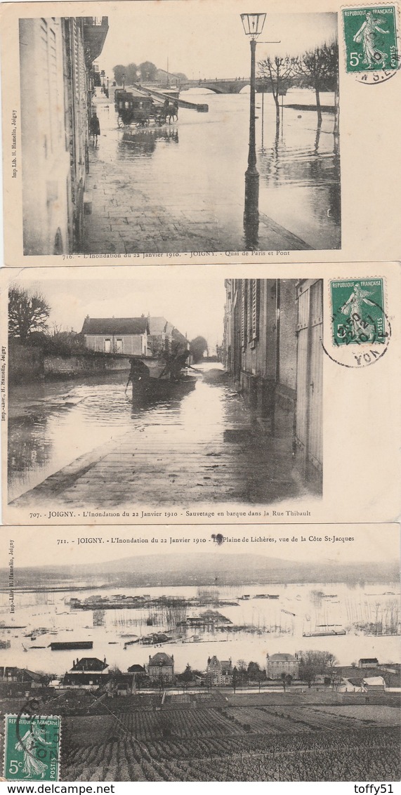 5 CPA:JOIGNY (89) ATTELAGE DANS EAU INONDATION 1910 QUAI DE PARIS PONT,SAUVETAGE BARQUE RUE THIBAULT,PLAINE DE LICHÈRES - Joigny