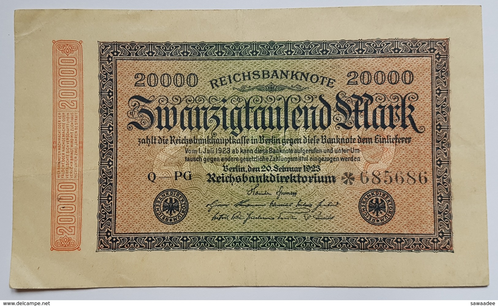 BILLET ALLEMAGNE - REPUBLIQUE DE WEIMAR - 1923 - P.85 - REICHSBANKNOTE - 20000 MARK - 20000 Mark