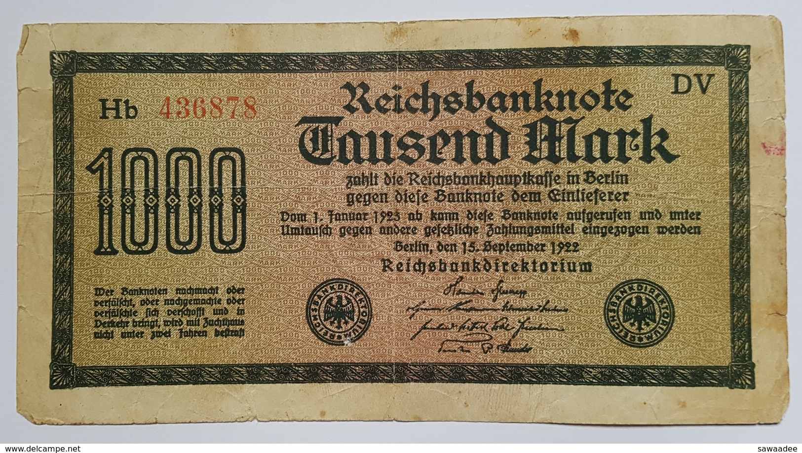 BILLET - ALLEMAGNE - REPUBLIQUE DE WEIMAR - P.76 - 1000 MARK - 15/09/1922 - - 5.000 Mark